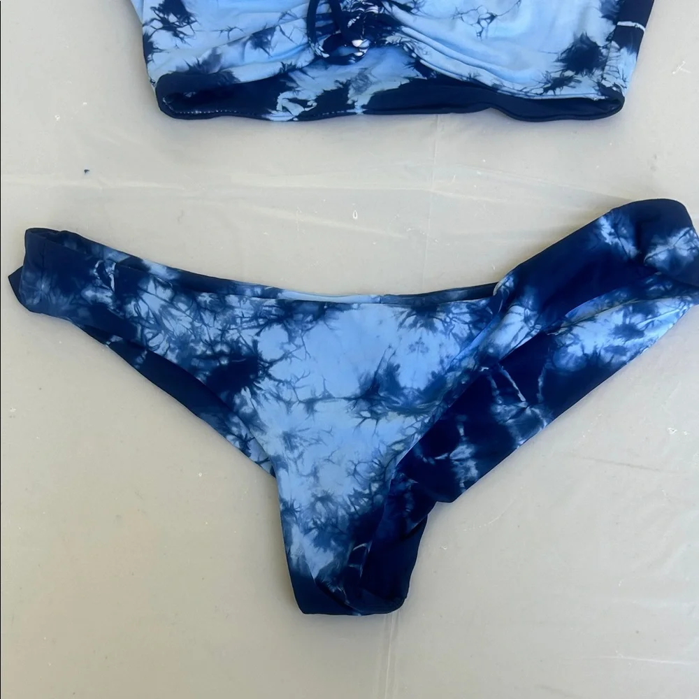 Frankie's Bikinis Light Blue and Navy Tie-Dye Crop Bikini Set